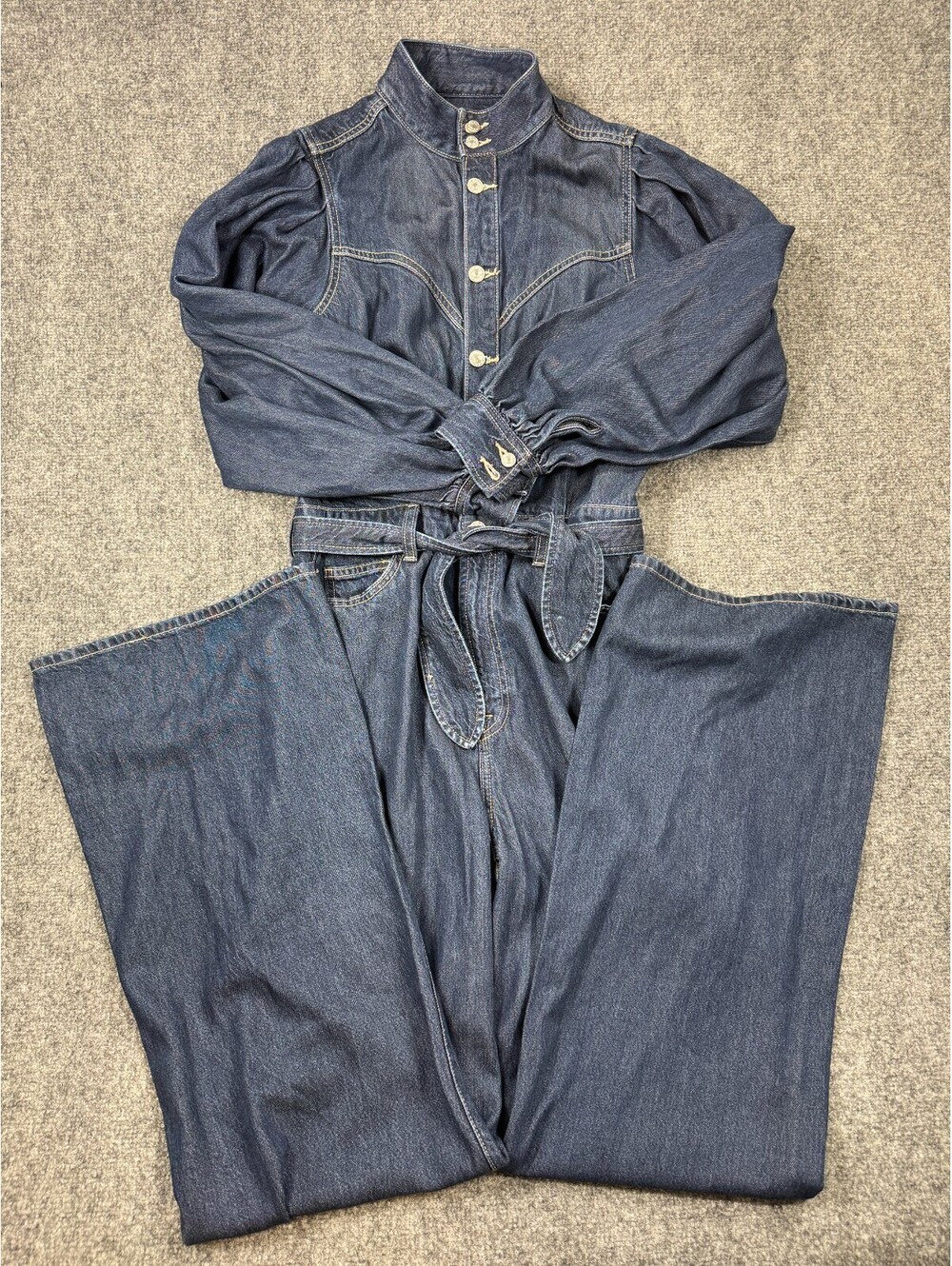 7 For All Mankind Womens Jumpsuit M Blue Denim Balloon Sleeve Wide Leg Tie Waist - Picture 2 of 13